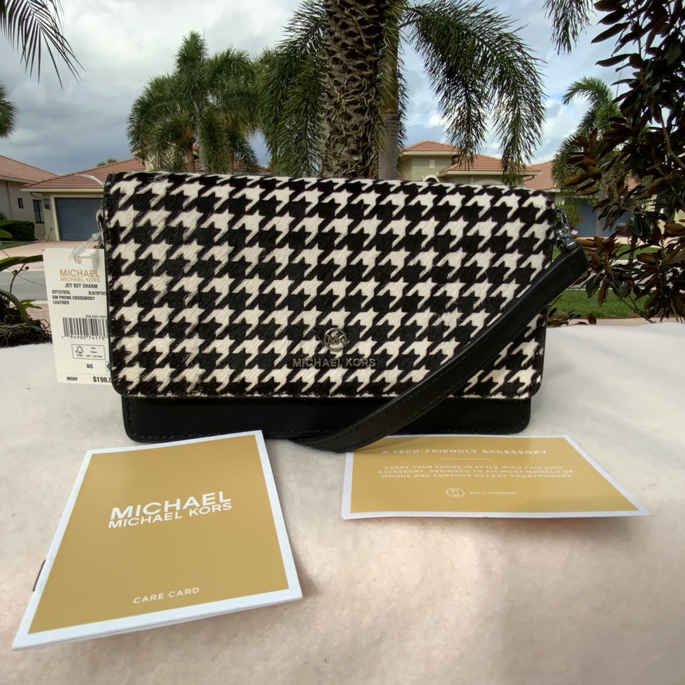NWT MICHAEL Michael Kors Jet Set Houndstooth Calf Hair Crossbody 32F1ST9C5L